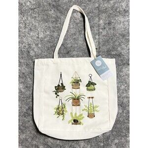 EMBROIDERED HOUSEPLANTS Cotton Canvas Reusable Tote Bag Multi 100% Cotton Pocket